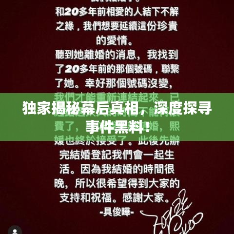 独家揭秘幕后真相，深度探寻事件黑料！